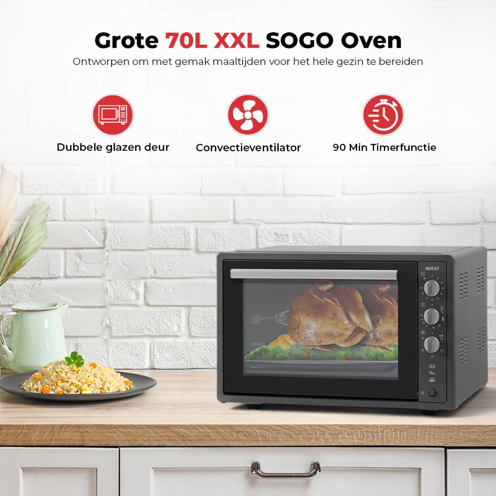 SOGO Vrijstaande Oven XXL - 70 Liter - 1840W - met Bakplaat, Grill en Spit