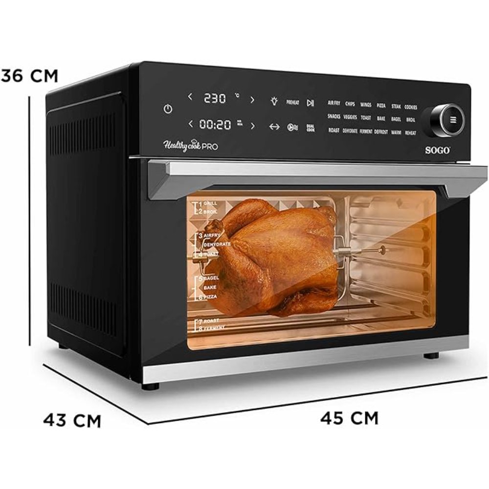 SOGO Airfryer XXL en Oven met Accessoires - 30 liter - 18 kookprogramma's - Zwart