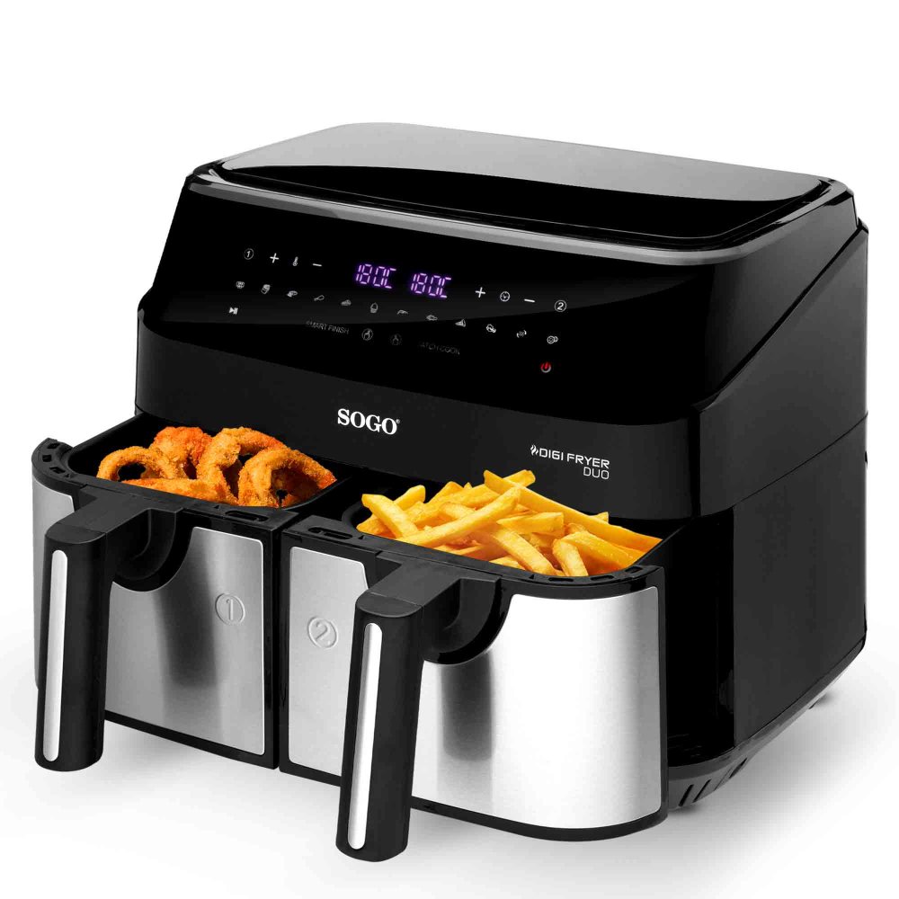 SOGO Dubbele Airfryer XXL - 9 Liter - Dual Zone Technologie - LED-display - 1750W - Zwart