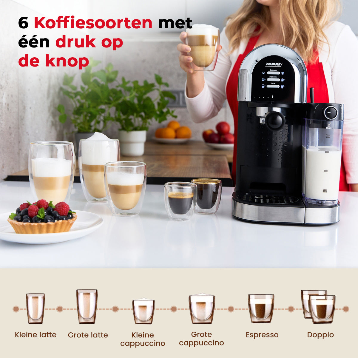 MPM Koffiemachine met Melkopschuimer - 6 soorten Koffie - 15 Bar - 1470W