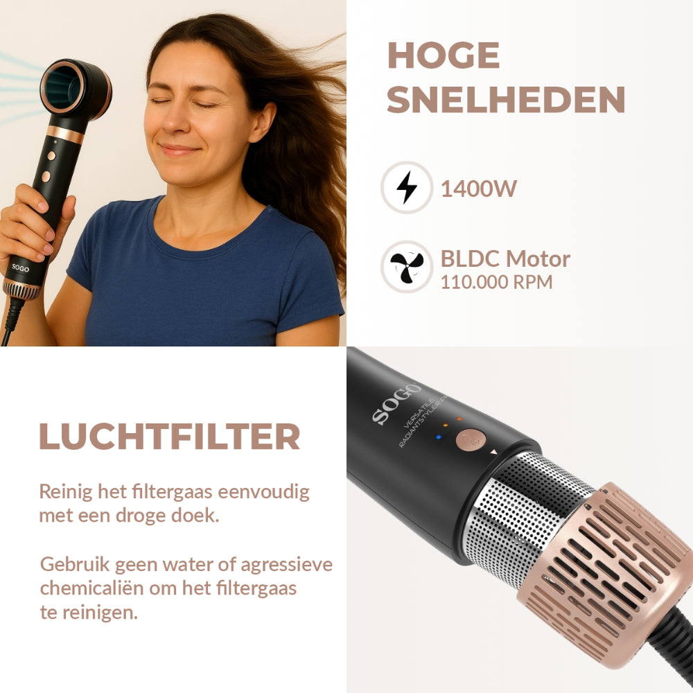 SOGO Airstyler - Multistyler - Föhnborstel - Krultang - 6-in-1 Stylingtool - Temperatuurinstellingen - Ionic-functie - 1400W - Zwart/Goud