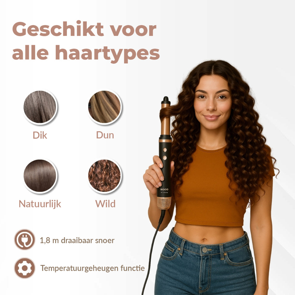 SOGO Airstyler - Multistyler - Föhnborstel - Krultang - 6-in-1 Stylingtool - Temperatuurinstellingen - Ionic-functie - 1400W - Zwart/Goud