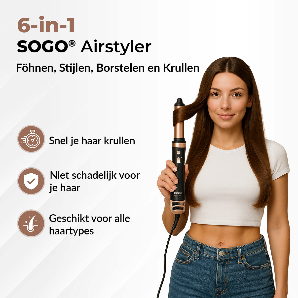 SOGO Airstyler - Multistyler - Föhnborstel - Krultang - 6-in-1 Stylingtool - Temperatuurinstellingen - Ionic-functie - 1400W - Zwart/Goud