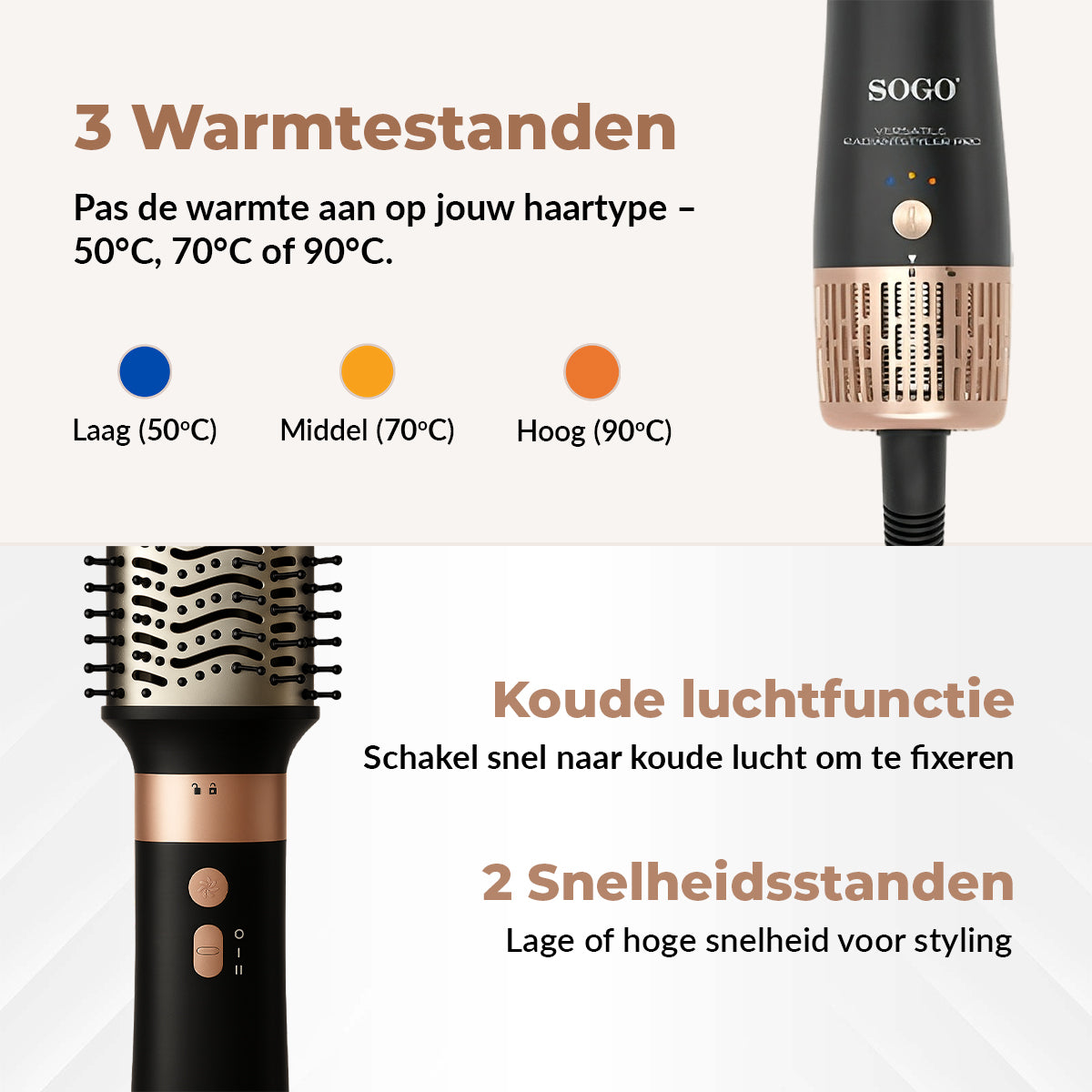 SOGO Airstyler - Multistyler - Föhnborstel - Krultang - 6-in-1 Stylingtool - Temperatuurinstellingen - Ionic-functie - 1400W - Zwart/Goud