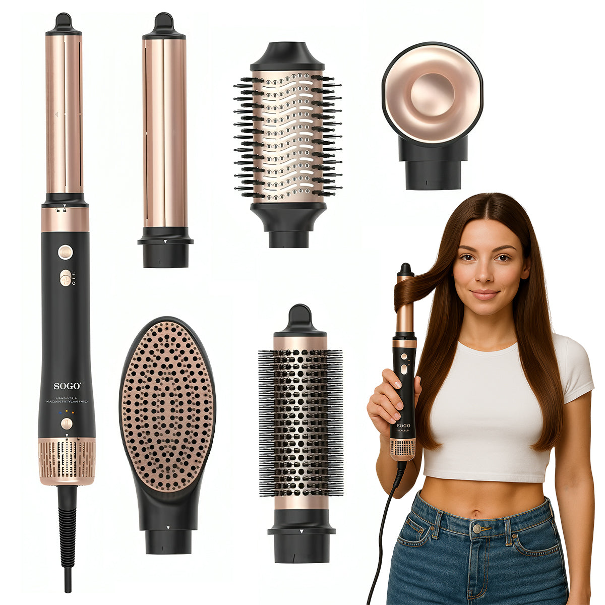 SOGO Airstyler - Multistyler - Föhnborstel - Krultang - 6-in-1 Stylingtool - Temperatuurinstellingen - Ionic-functie - 1400W - Zwart/Goud