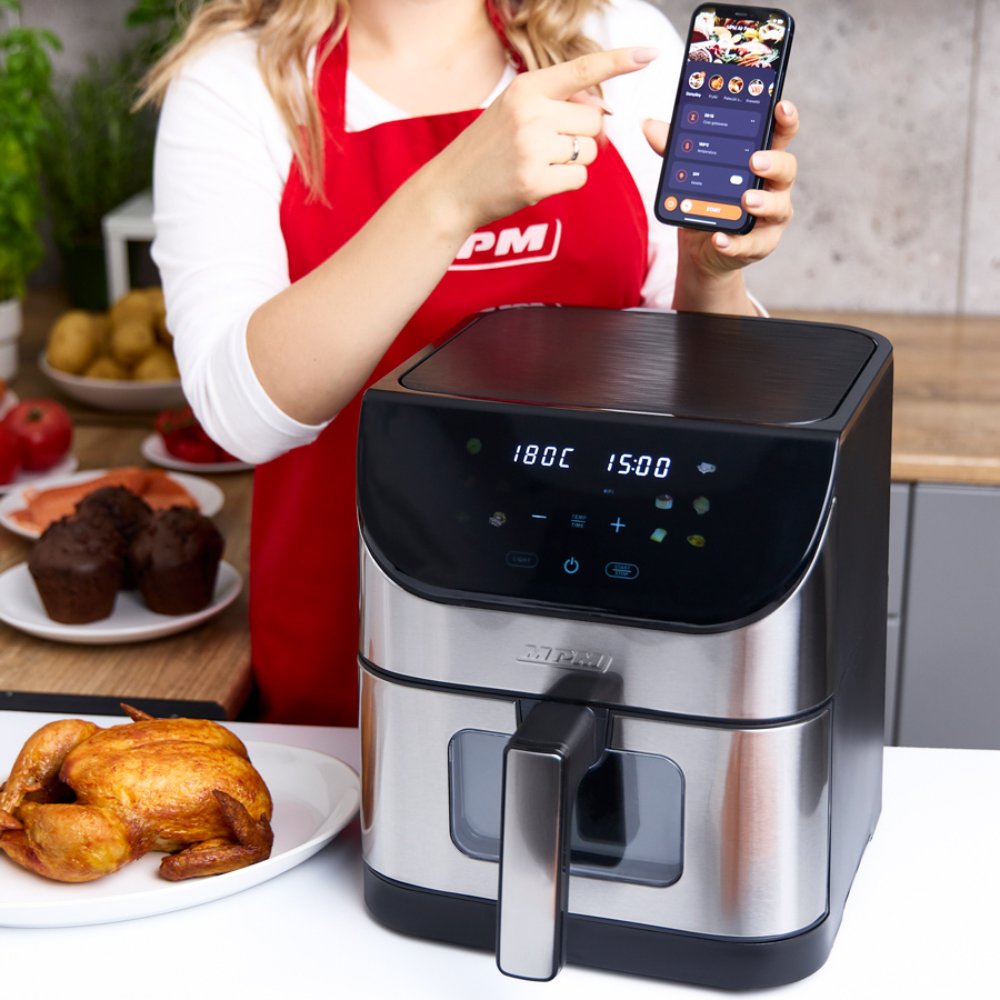 MPM Airfryer met App - 6 liter - Heteluchtfriteuse met Venster en Verlichting - Zwart/Zilver