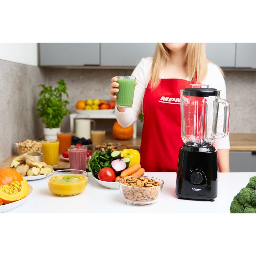 MPM Blender met Glazen Kan 1,5 Liter en RVS Messen - Puls-functie - 750W - Zwart